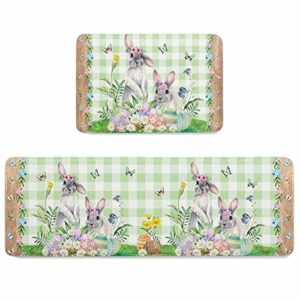 greday plaid green 2 pcs cushioned anti-fatigue kitchen mats and rugs,spring holiday colored eggs easter egg bunny daisy floral absorbent 18inchx 30inch+ 18inchx 48inch