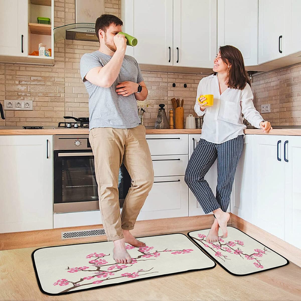 ALAZA Cherry Blossom Flower Blossom Floral Non Slip Kitchen Floor Mat Set of 2 Piece Kitchen Rug 47 x 20 inches + 28 x 20 inches for Entryway Hallway Bathroom Living Roo