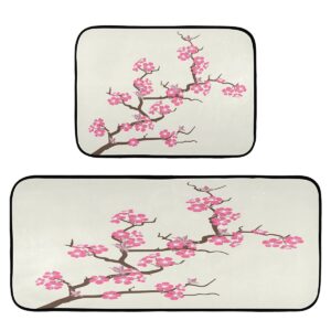 ALAZA Cherry Blossom Flower Blossom Floral Non Slip Kitchen Floor Mat Set of 2 Piece Kitchen Rug 47 x 20 inches + 28 x 20 inches for Entryway Hallway Bathroom Living Roo