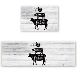 rooster pig cow kitchen rug sets of 2, washable carpet for kitchen floor, non-slip kitchen mat set, absorbent area rugs 15.7x23.6inch+15.7x47.2inch, farm animals life is better on the farm on wooden