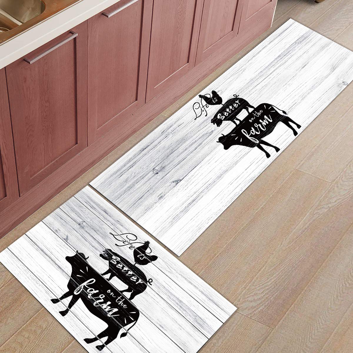 Rooster Pig Cow Kitchen Rug Sets of 2, Washable Carpet for Kitchen Floor, Non-Slip Kitchen Mat Set, Absorbent Area Rugs 15.7x23.6inch+15.7x47.2inch, Farm Animals Life Is Better on the Farm on Wooden