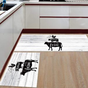 Rooster Pig Cow Kitchen Rug Sets of 2, Washable Carpet for Kitchen Floor, Non-Slip Kitchen Mat Set, Absorbent Area Rugs 15.7x23.6inch+15.7x47.2inch, Farm Animals Life Is Better on the Farm on Wooden