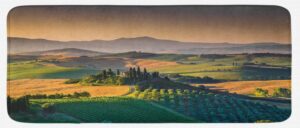 ambesonne landscape kitchen mat, scenic tuscany with rolling hills and valleys in the morning, plush decorative kitchen mat with non slip backing, 47" x 19", apricot khaki