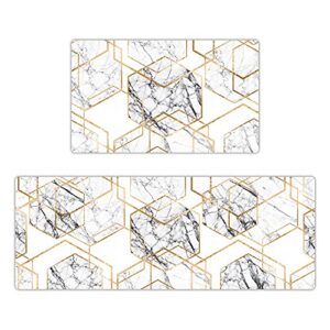 anti fatigue kitchen rugs and mats set,2 piece modern farmhouse kitchen rug runner non slip waterproof comfort soft cushioned standing kitchen floor mats (17"x 47"+17"x 27", gold white marble)