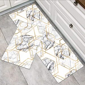 Anti Fatigue Kitchen Rugs and Mats Set,2 Piece Modern Farmhouse Kitchen Rug Runner Non Slip Waterproof Comfort Soft Cushioned Standing Kitchen Floor Mats (17"x 47"+17"x 27", Gold White Marble)