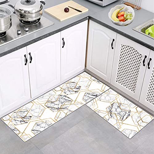 Anti Fatigue Kitchen Rugs and Mats Set,2 Piece Modern Farmhouse Kitchen Rug Runner Non Slip Waterproof Comfort Soft Cushioned Standing Kitchen Floor Mats (17"x 47"+17"x 27", Gold White Marble)