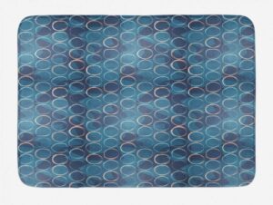 abstract bath mat, continuous pattern circular shapes and geometrical motifs art print, plush bathroom decor mat with non slip backing, 24" x 16", slate blue and multicolor