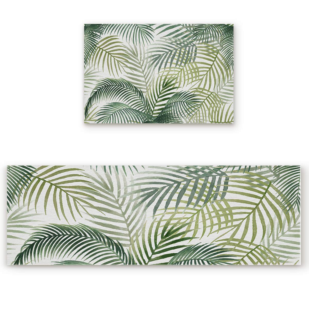 Tropical Plants Kitchen Mats for Floor Cushioned Anti Fatigue 2 Piece Set Kitchen Runner Rugs Non Skid Washable Palm Leaves Nature Vintage Nordic