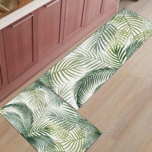 Tropical Plants Kitchen Mats for Floor Cushioned Anti Fatigue 2 Piece Set Kitchen Runner Rugs Non Skid Washable Palm Leaves Nature Vintage Nordic