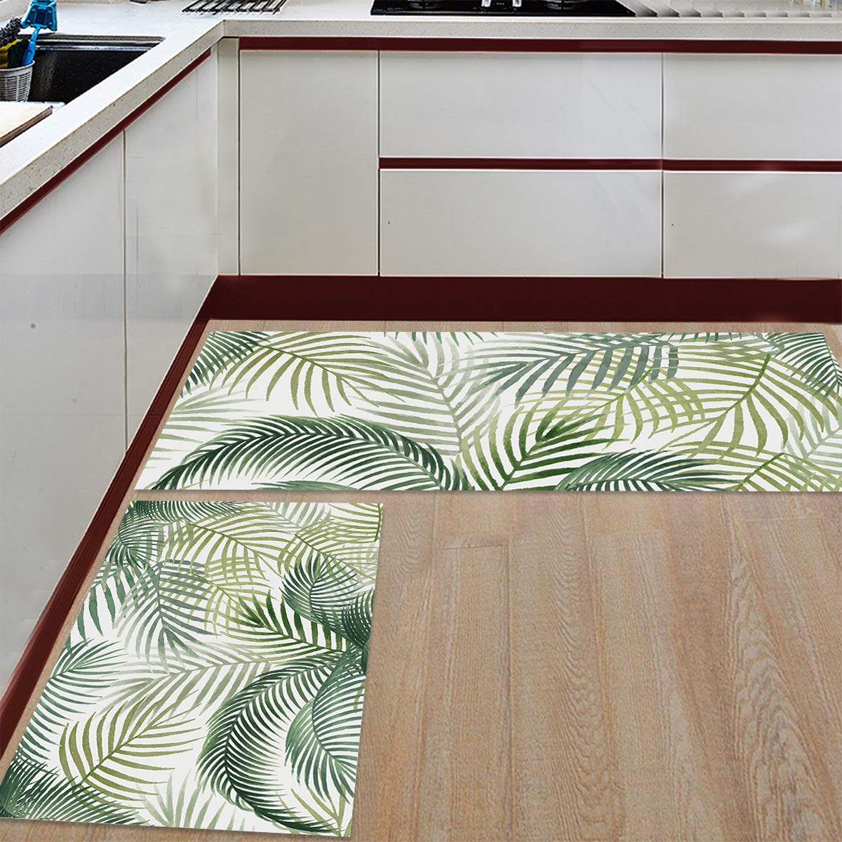 Tropical Plants Kitchen Mats for Floor Cushioned Anti Fatigue 2 Piece Set Kitchen Runner Rugs Non Skid Washable Palm Leaves Nature Vintage Nordic