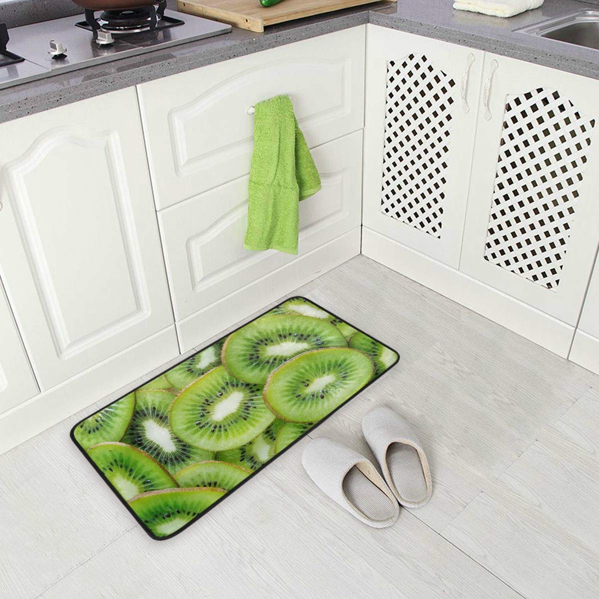 DOMIKING Kitchen Mat Floor Rug - Green Kiwi Fruit Non Slip Kitchen Mats Cushioned Washable Anti-Fatigue Office Chair Mat 20x20in for Home Decoration Bathroom Farmhouse