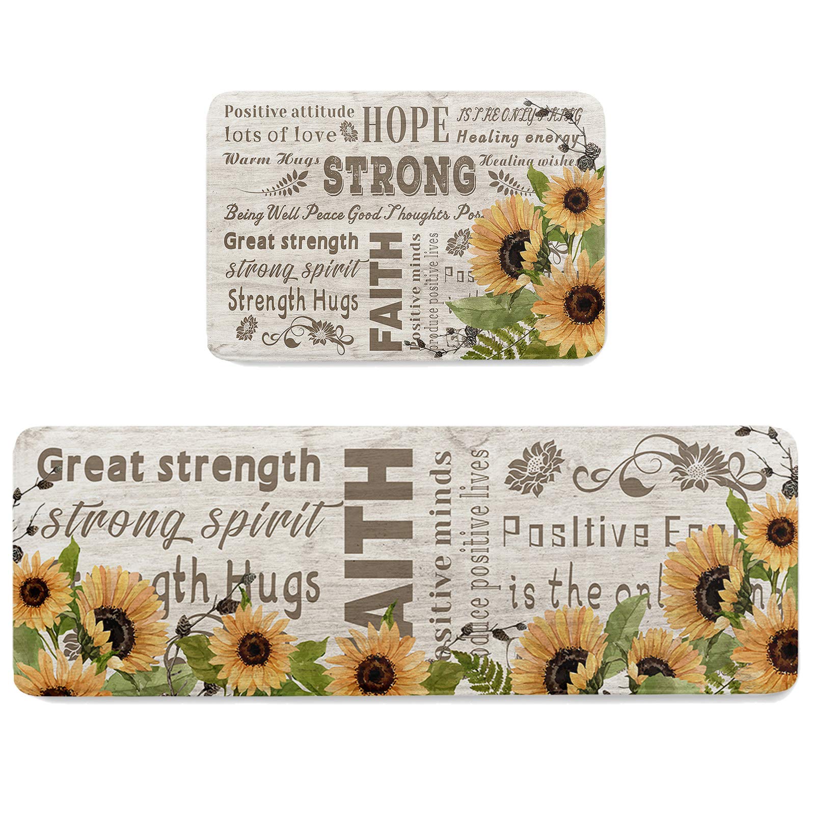 Anti-Fatigue Kitchen Mats Standing Rugs Set of 2 Positive Energy Faith Hug Text on Wood Grain Non-Slip Area Runner Floor Doormat Retro Sunflower Art Washable Cushioned Carpet for Bedroom Bathroom