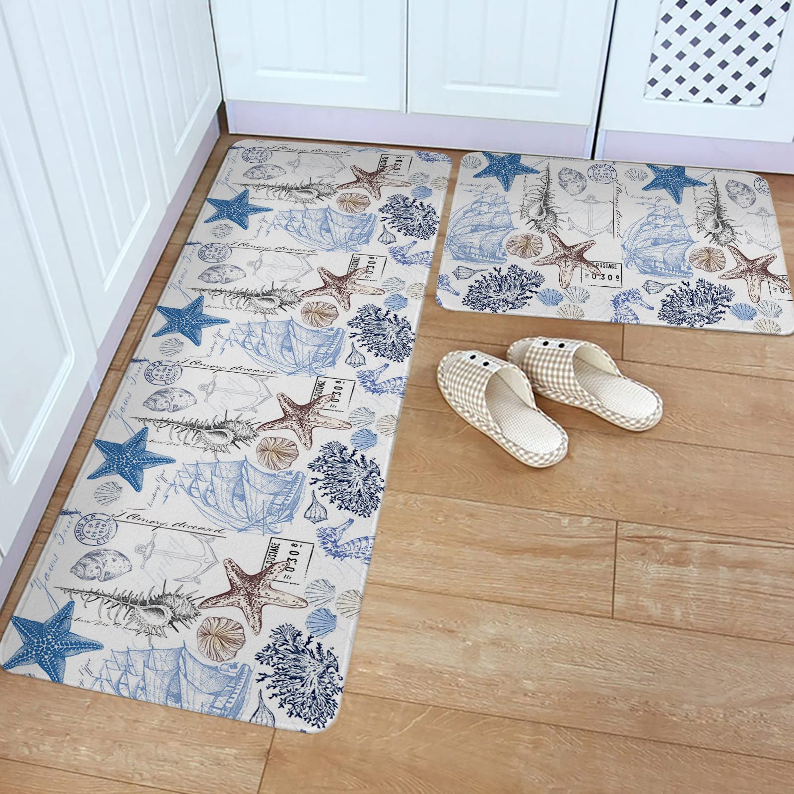 Debedcor Ocean Theme Beach Kitchen Rugs and Mats Set of 2, Coastal Starfish Non-Skid Bathroom Rugs, Nautical Seashell Rug Kitchen Runner Floor Mat for Sink/Laundry Room/Office, 15.7"x23.6"+15.7"x47.2"