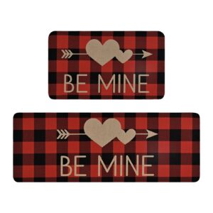 aspmiz 2 pcs valentine's day kitchen rugs, buffalo plaid area rug set of 2, non-slip heart floor mat for bathroom, water absorbent door mat with anti-slip rubber backing, 17'' x 47'' + 17'' x 30''