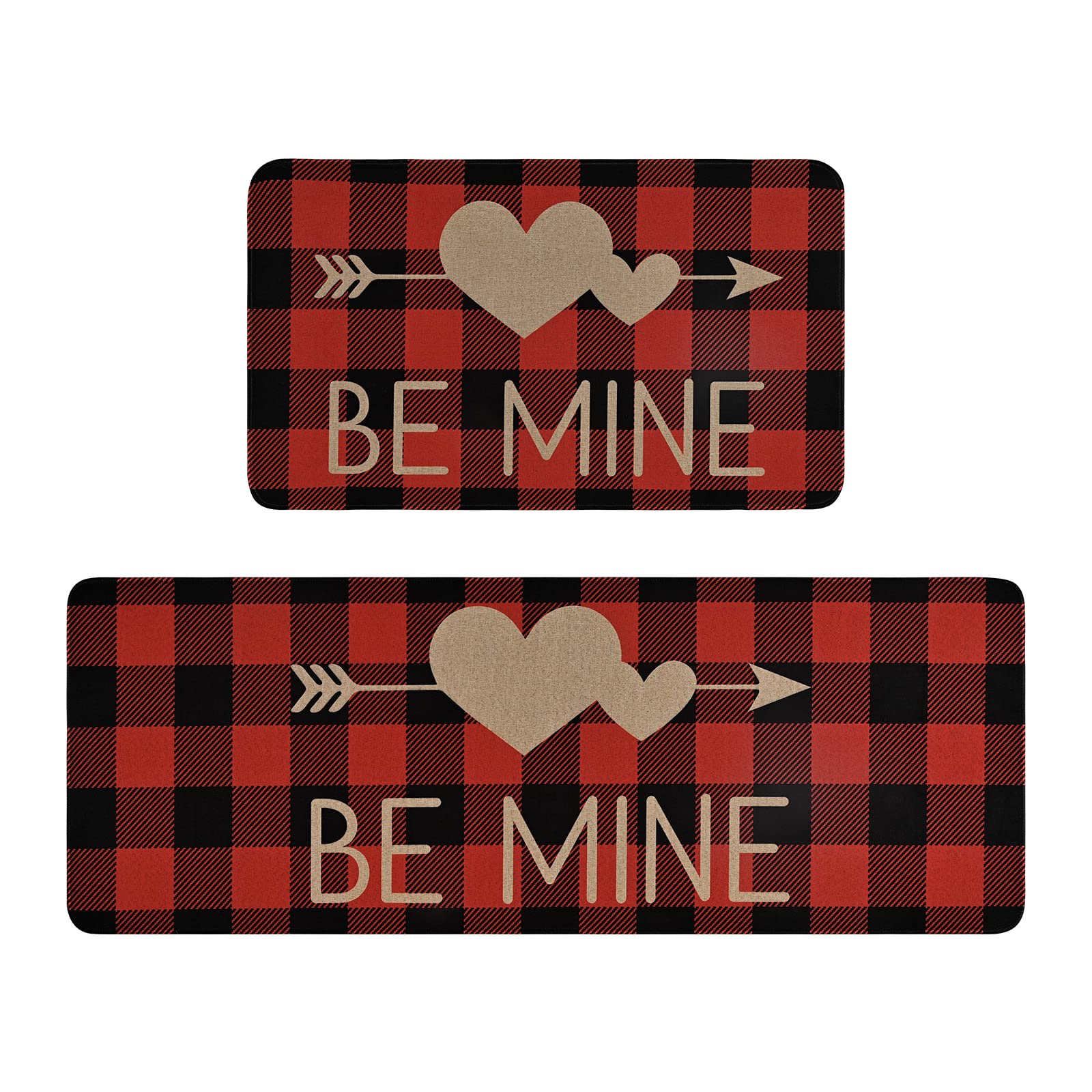 ASPMIZ 2 Pcs Valentine's Day Kitchen Rugs, Buffalo Plaid Area Rug Set of 2, Non-Slip Heart Floor Mat for Bathroom, Water Absorbent Door Mat with Anti-Slip Rubber Backing, 17'' x 47'' + 17'' x 30''