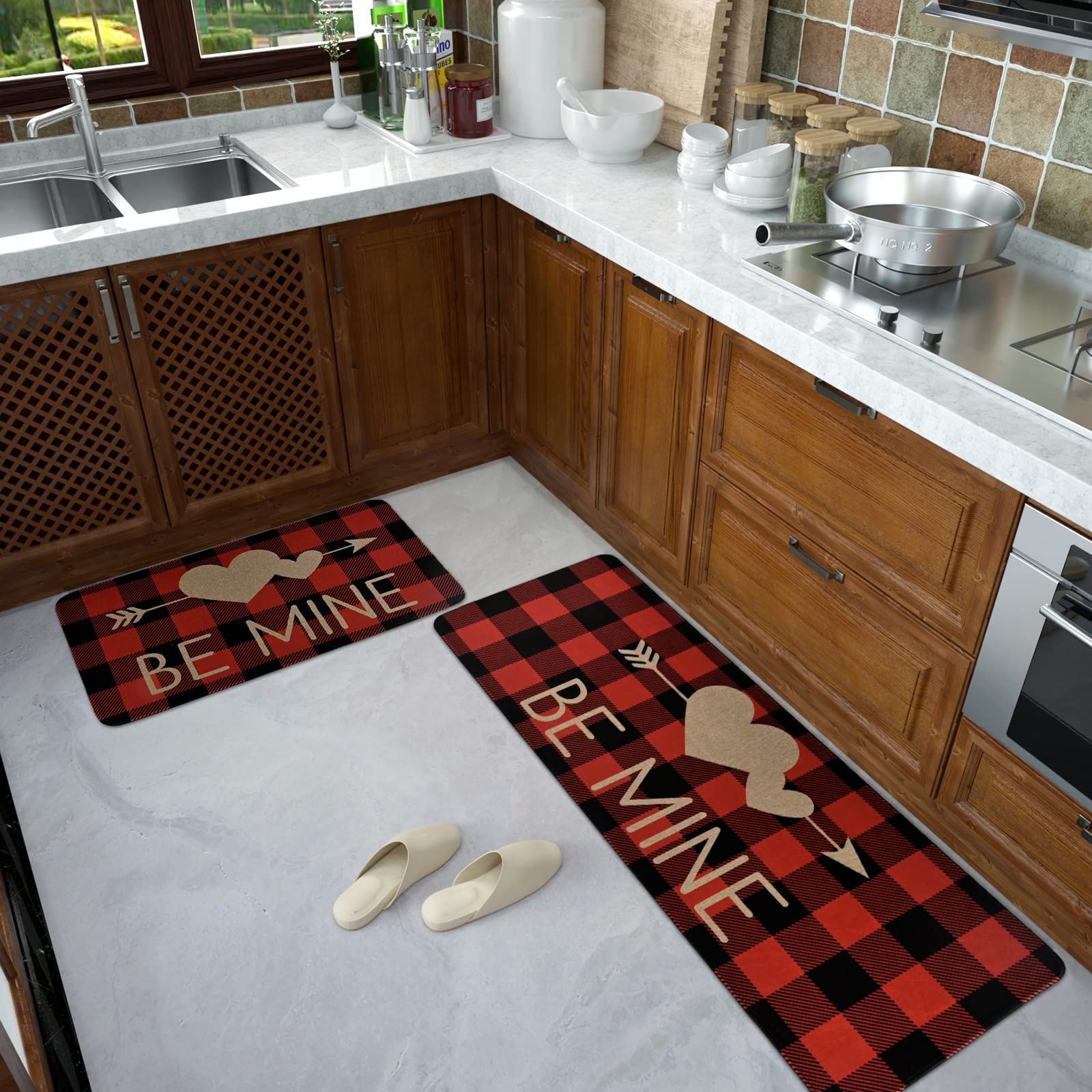 ASPMIZ 2 Pcs Valentine's Day Kitchen Rugs, Buffalo Plaid Area Rug Set of 2, Non-Slip Heart Floor Mat for Bathroom, Water Absorbent Door Mat with Anti-Slip Rubber Backing, 17'' x 47'' + 17'' x 30''