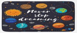 ambesonne saying kitchen mat, outer space planets star cluster solar system moon comets sun cosmos illustration, plush decorative kitchen mat with non slip backing, 47" x 19", navy orange