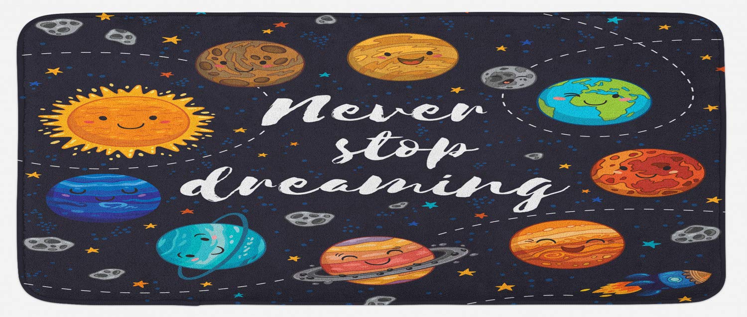 Ambesonne Saying Kitchen Mat, Outer Space Planets Star Cluster Solar System Moon Comets Sun Cosmos Illustration, Plush Decorative Kitchen Mat with Non Slip Backing, 47" X 19", Navy Orange