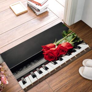 red rose flower on black and white piano keys indoor doormat bath rugs non slip, washable cover floor rug absorbent carpets floor mat home decor for kitchen bathroom bedroom (16x24)