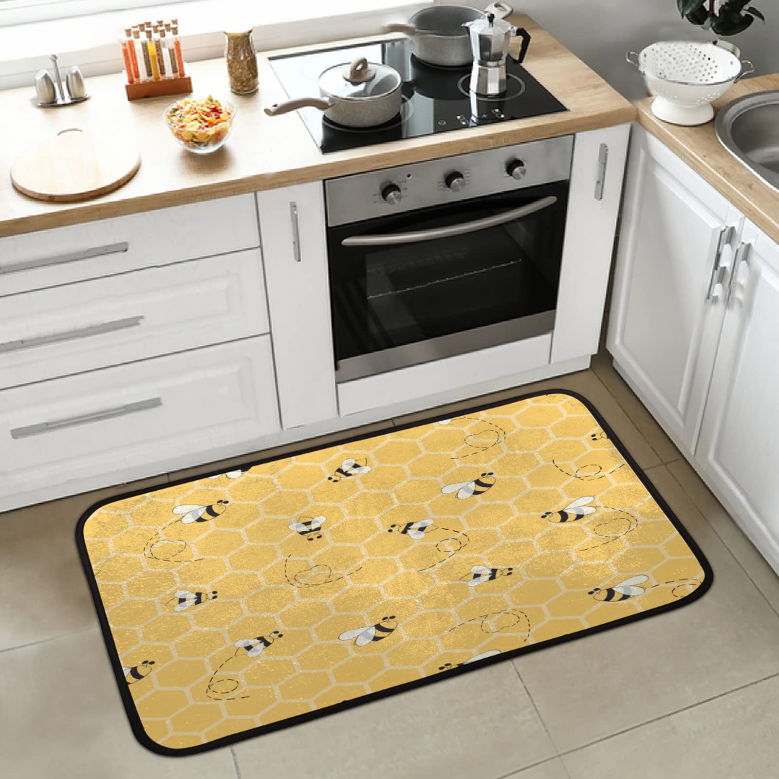 TropicalLife Honey Bees Kitchen Rug, Kitchen Mat 39" x 20" Non-Slip Cushioned Anti-Fatigue Floor Mat Washable Waterproof Bathroom Mat Doormat for Kitchen Floor Sink Laundry