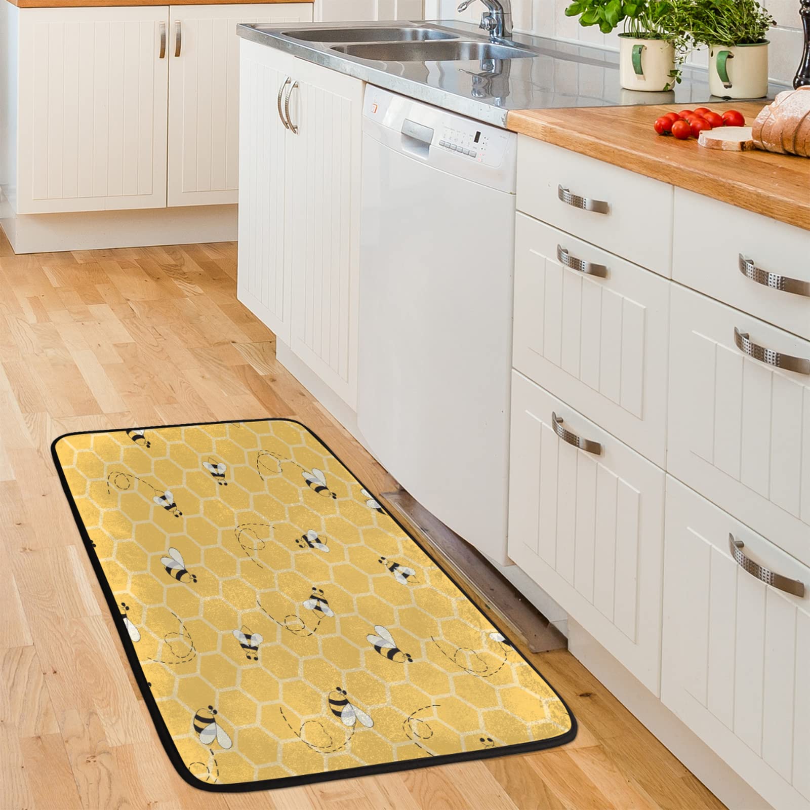 TropicalLife Honey Bees Kitchen Rug, Kitchen Mat 39" x 20" Non-Slip Cushioned Anti-Fatigue Floor Mat Washable Waterproof Bathroom Mat Doormat for Kitchen Floor Sink Laundry