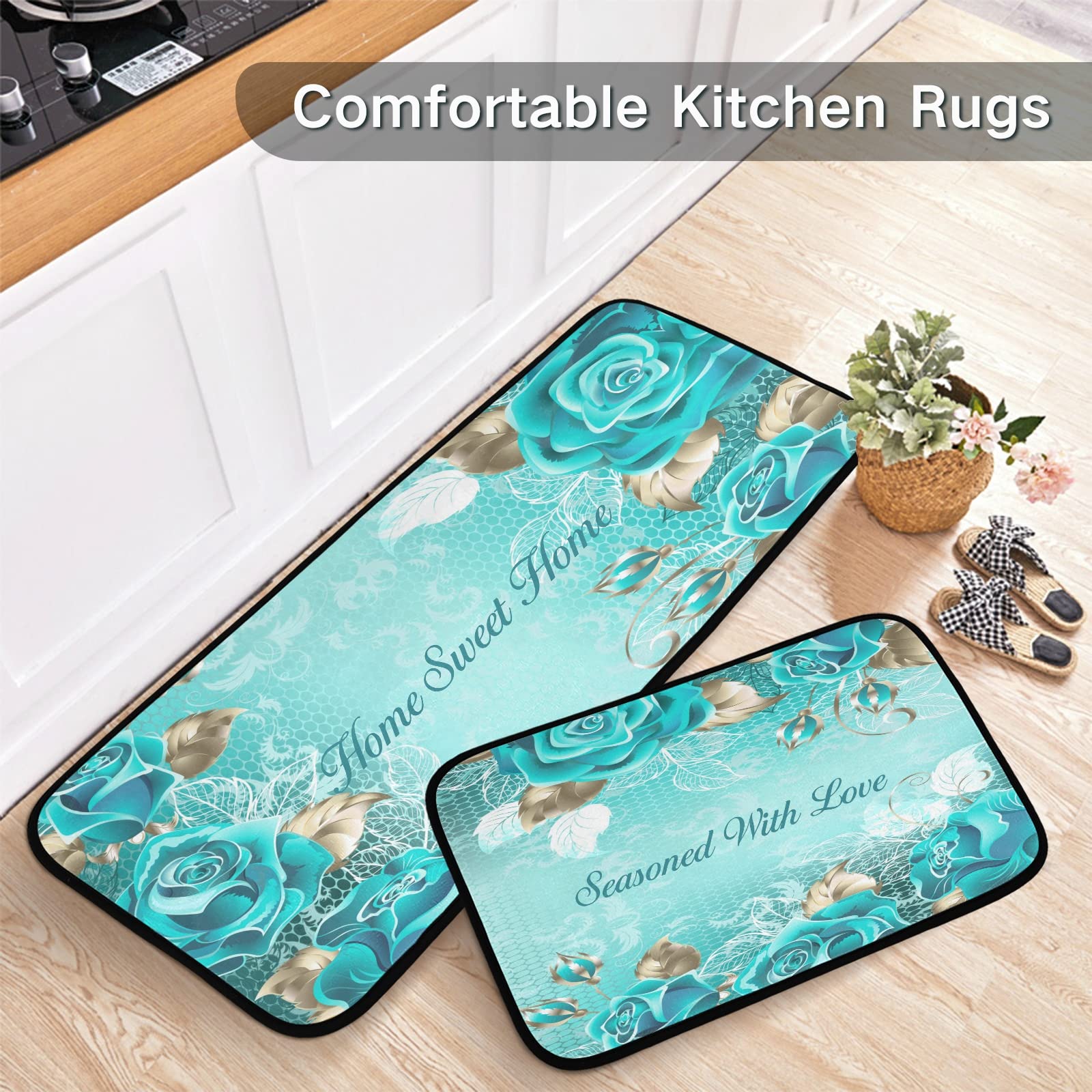 Turquoise Kitchen Rugs and Mats 2 Piece Non Slip Washable Teal Runner Rug Set for Floor Rose Kitchen Decor and Accessories Sweet Home Seasoned Love