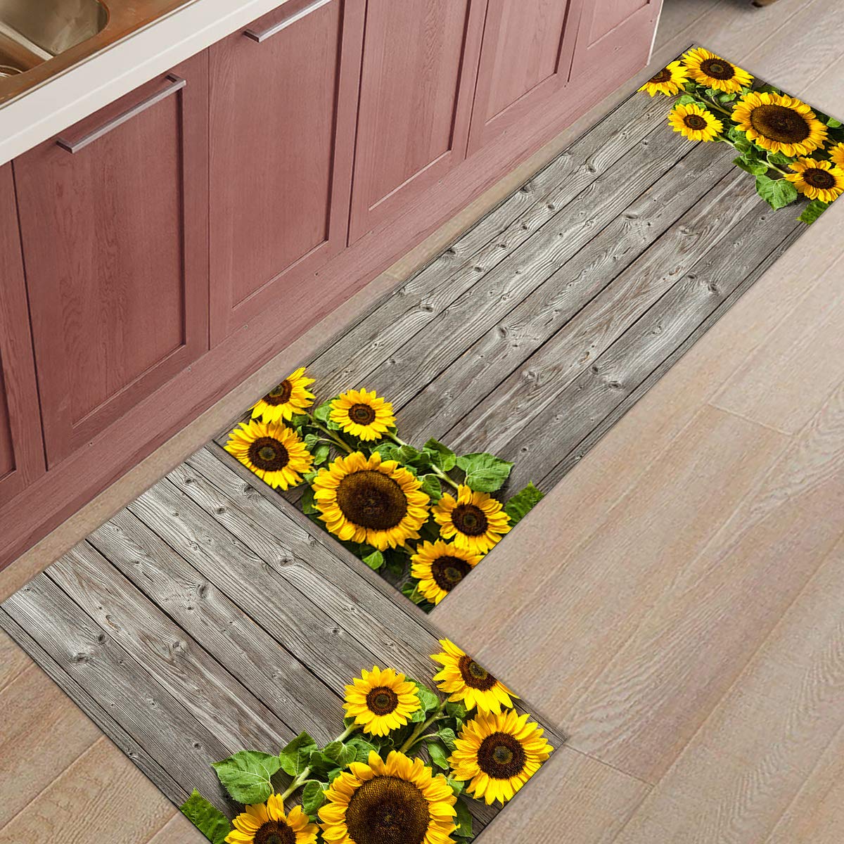 Kitchen Rugs and Mats Non Slip Cushioned Anti Fatigue Machine Washable 2 Pieces Rug Set Kitchen Mats for Floor,Sunflower on Stripe Grey Old Wooden Board (15.7"x23.6"+15.7"x47.2" inches)
