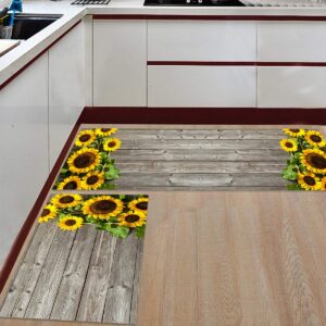 Kitchen Rugs and Mats Non Slip Cushioned Anti Fatigue Machine Washable 2 Pieces Rug Set Kitchen Mats for Floor,Sunflower on Stripe Grey Old Wooden Board (15.7"x23.6"+15.7"x47.2" inches)