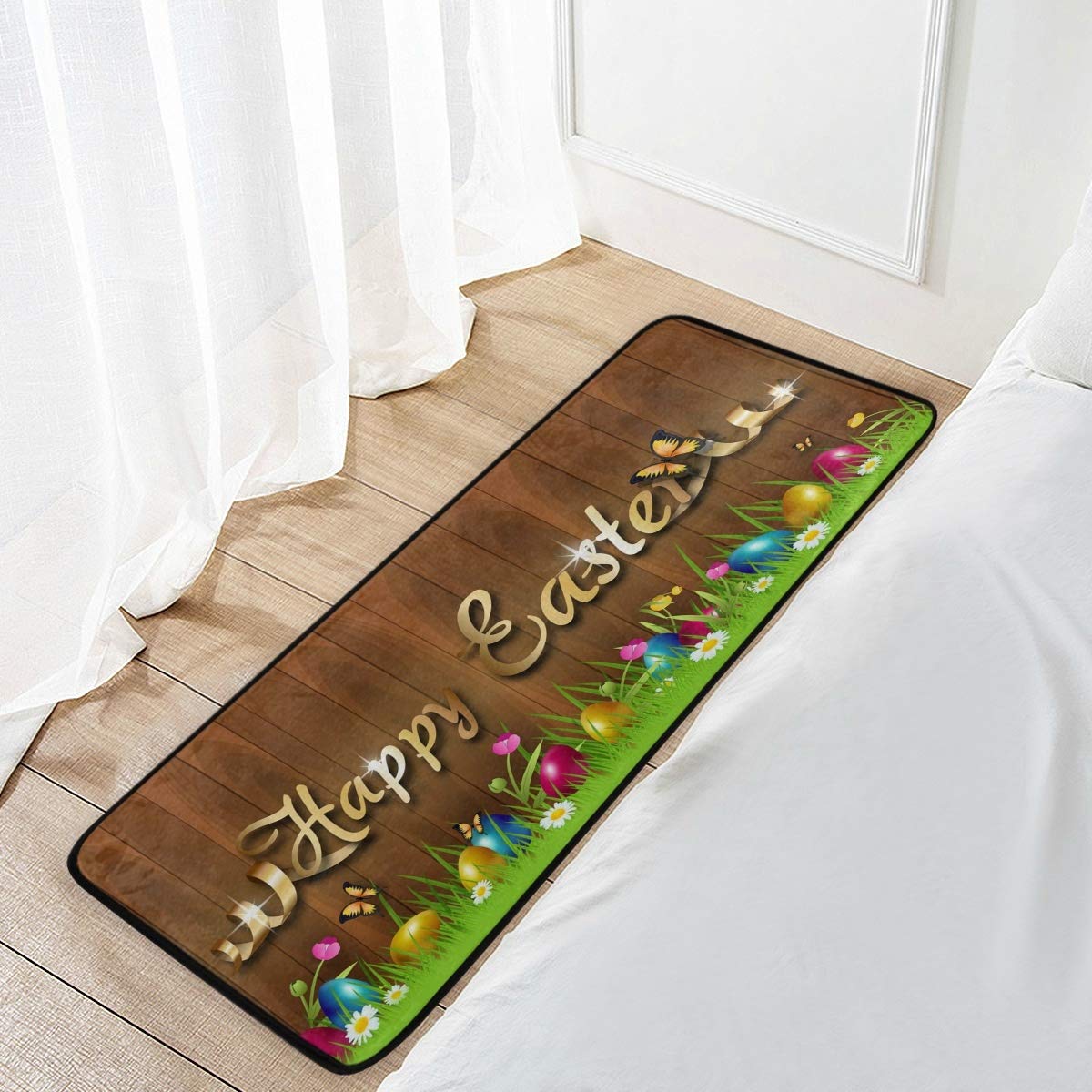 Happy Easter Kitchen Rug, Easter Colorful Eggs Door Mat Bath Rug Home Decor Floor Mat Non-Slip Carpet for Kitchen Living Bedroom 39 x 20 Inch