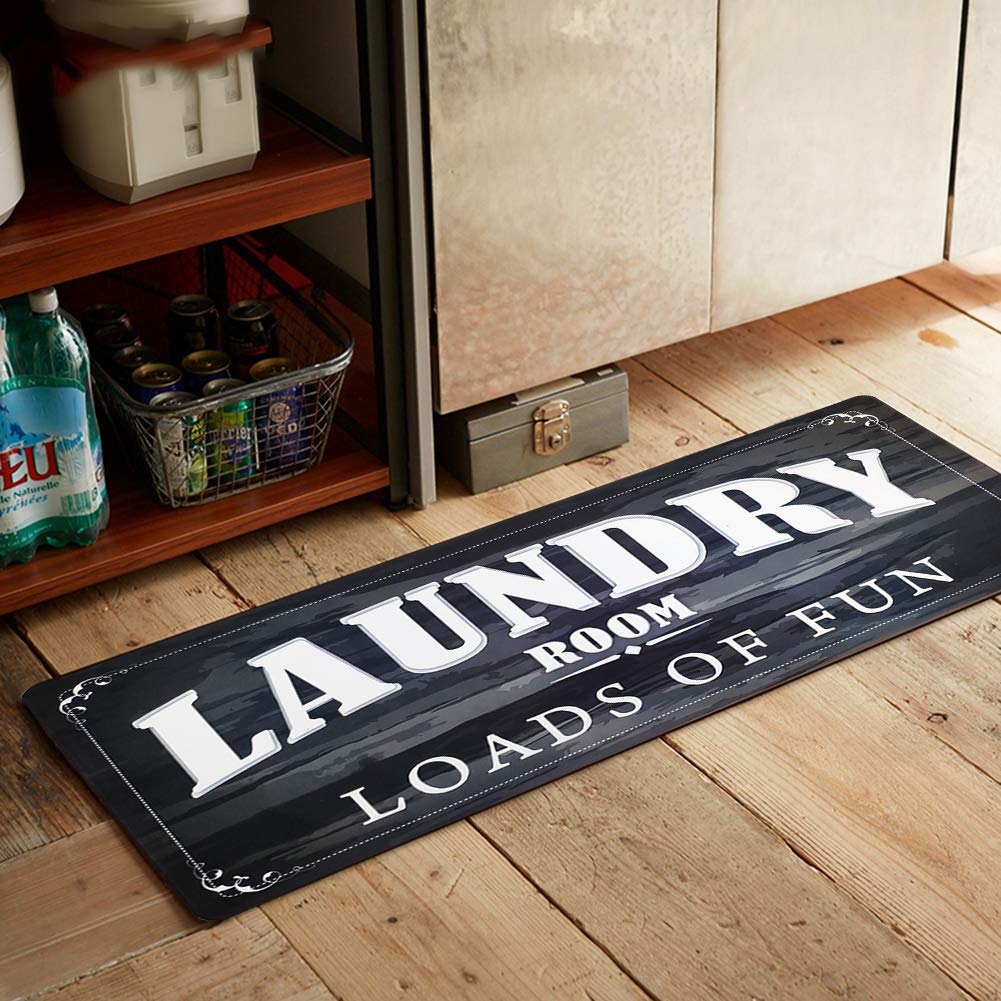 USTIDE 20X60 Black Laundry Room Rug, Non-Skid Anti Fatigue Laundry Room Mats Loads of Fun Home Decor Black White Kitchen Carpet