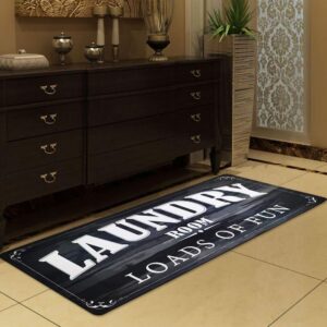 USTIDE 20X60 Black Laundry Room Rug, Non-Skid Anti Fatigue Laundry Room Mats Loads of Fun Home Decor Black White Kitchen Carpet