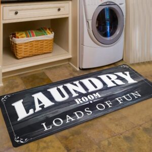 USTIDE 20X60 Black Laundry Room Rug, Non-Skid Anti Fatigue Laundry Room Mats Loads of Fun Home Decor Black White Kitchen Carpet