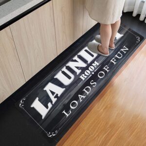 USTIDE 20X60 Black Laundry Room Rug, Non-Skid Anti Fatigue Laundry Room Mats Loads of Fun Home Decor Black White Kitchen Carpet