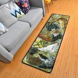rooster runner rug, hen vintage rural life bath rug non-slip soft kitchen mat doormat large runner carpet 72" x 24"