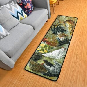 Rooster Runner Rug, Hen Vintage Rural Life Bath Rug Non-Slip Soft Kitchen Mat Doormat Large Runner Carpet 72" X 24"