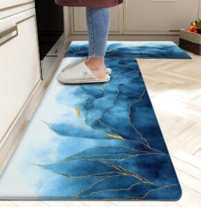 chiinvent blue kitchen rugs gold stripes modern ink art decor kitchen floor mat cushioned memory foam padded pvc leather heavy duty comfort standing runner rugs, 17.3x28+17.3x47 inch