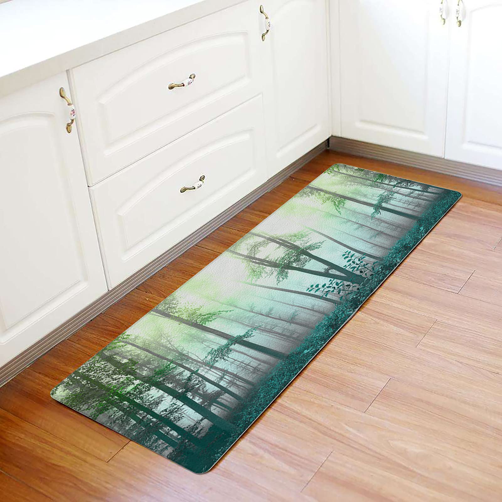 Ombre Green Misty Nature Forest Tree Fog Antifatigue Kitchen Bath Door Mat Cushioned Runner Rug,Washable Welcome Floor Sink Mat,Forest Fantasy Fog Magic Woodland Comfort Standing Doormat,24"x36"