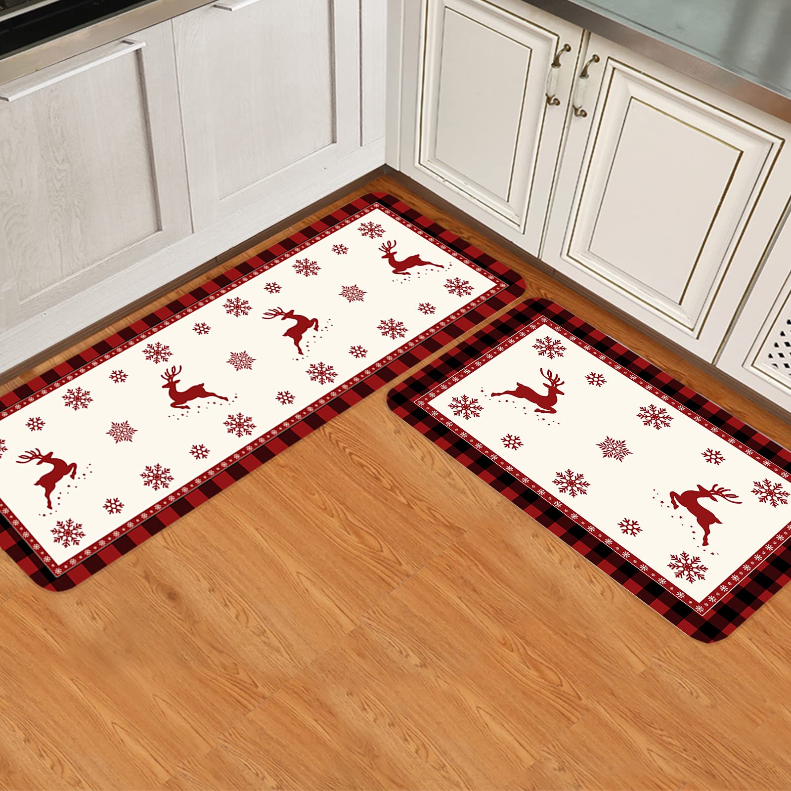 Reindeer Christmas Kitchen Mats Sets 2 Piece, Xmas Deer Red Black Buffalo Check Plaid Kitchen Rugs and Mats Non-Slip Washable Runner Carpets for Christmas Decorations, 15.7" x 23.6" + 15.7" x 47.6"