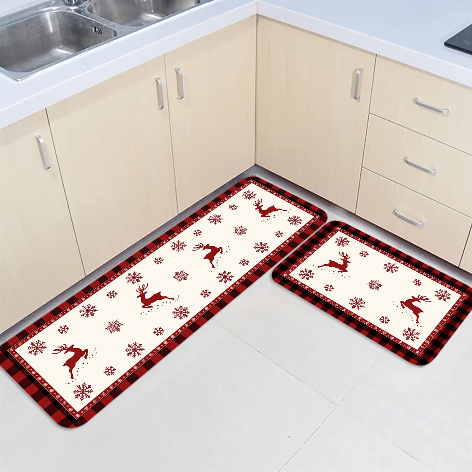 Reindeer Christmas Kitchen Mats Sets 2 Piece, Xmas Deer Red Black Buffalo Check Plaid Kitchen Rugs and Mats Non-Slip Washable Runner Carpets for Christmas Decorations, 15.7" x 23.6" + 15.7" x 47.6"