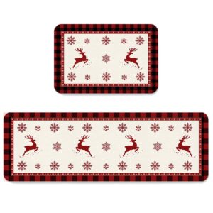 Reindeer Christmas Kitchen Mats Sets 2 Piece, Xmas Deer Red Black Buffalo Check Plaid Kitchen Rugs and Mats Non-Slip Washable Runner Carpets for Christmas Decorations, 15.7" x 23.6" + 15.7" x 47.6"