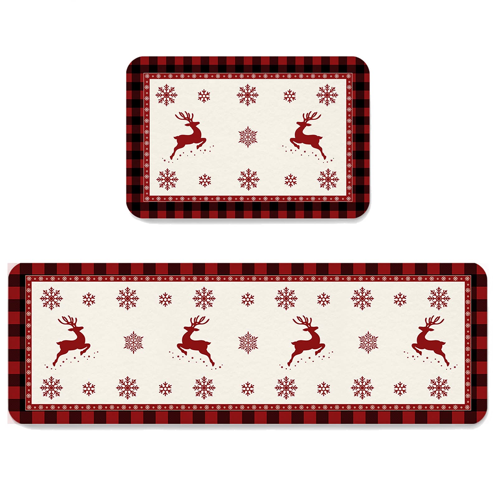 Reindeer Christmas Kitchen Mats Sets 2 Piece, Xmas Deer Red Black Buffalo Check Plaid Kitchen Rugs and Mats Non-Slip Washable Runner Carpets for Christmas Decorations, 15.7" x 23.6" + 15.7" x 47.6"