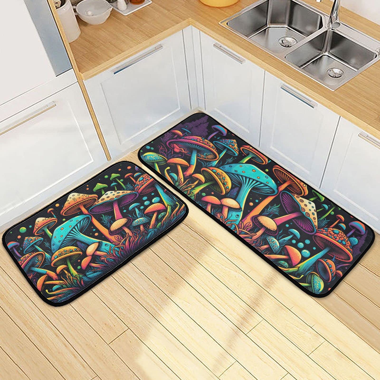 ZENWAWA Kitchen Mats 2 Pieces Set for Floor Magical Mushrooms Print, Non Skid Anti Fatigue Kitchen Rugs Cushioned Absorbent Comfort Floor Mats for Kitchen Sink