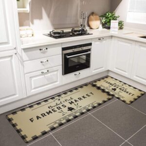 Falflor 2PCS Farmhouse Kitchen Rug and Mats Non Slip Waterproof Kitchen Rugs Set Kitchen Floor Standing Mats Rubber Backing Floor Carpet Runner for Kitchen Sink Laundry Office