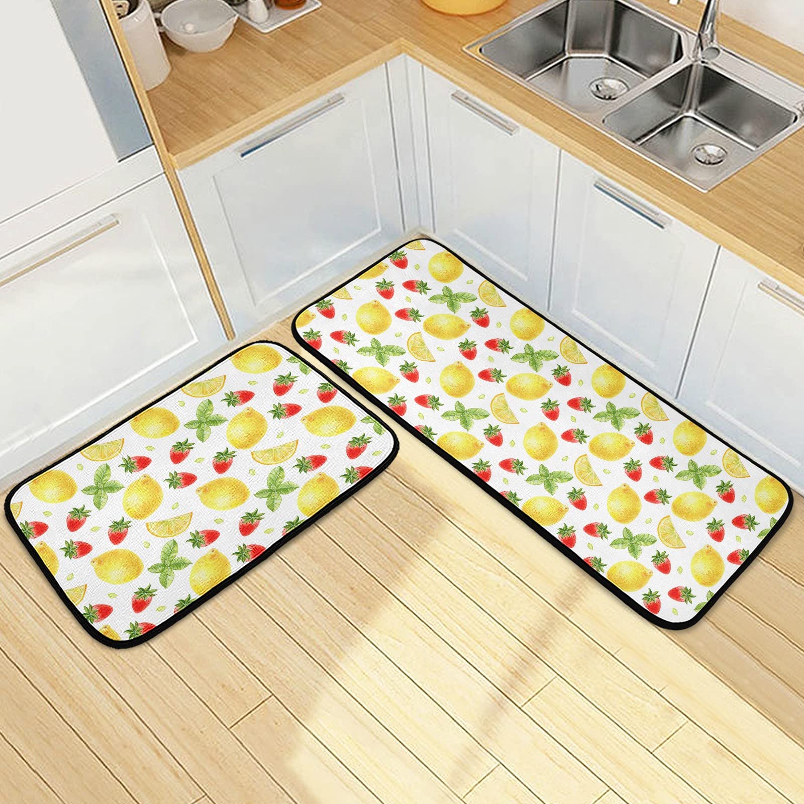 Strawberry Lemon Mint Kitchen Mats and Rugs, Summer Kitchen Floor Runner Bathroom Carpet Doormat Washable Rug 19.7x27.6 Inch + 19.7x47.2 Inch Perfect for Living Room Bedroom Entryway