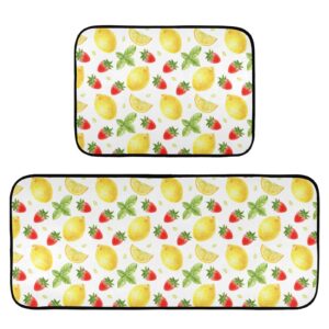 Strawberry Lemon Mint Kitchen Mats and Rugs, Summer Kitchen Floor Runner Bathroom Carpet Doormat Washable Rug 19.7x27.6 Inch + 19.7x47.2 Inch Perfect for Living Room Bedroom Entryway