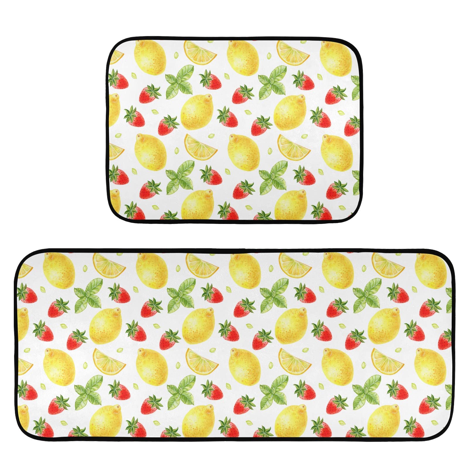 Strawberry Lemon Mint Kitchen Mats and Rugs, Summer Kitchen Floor Runner Bathroom Carpet Doormat Washable Rug 19.7x27.6 Inch + 19.7x47.2 Inch Perfect for Living Room Bedroom Entryway