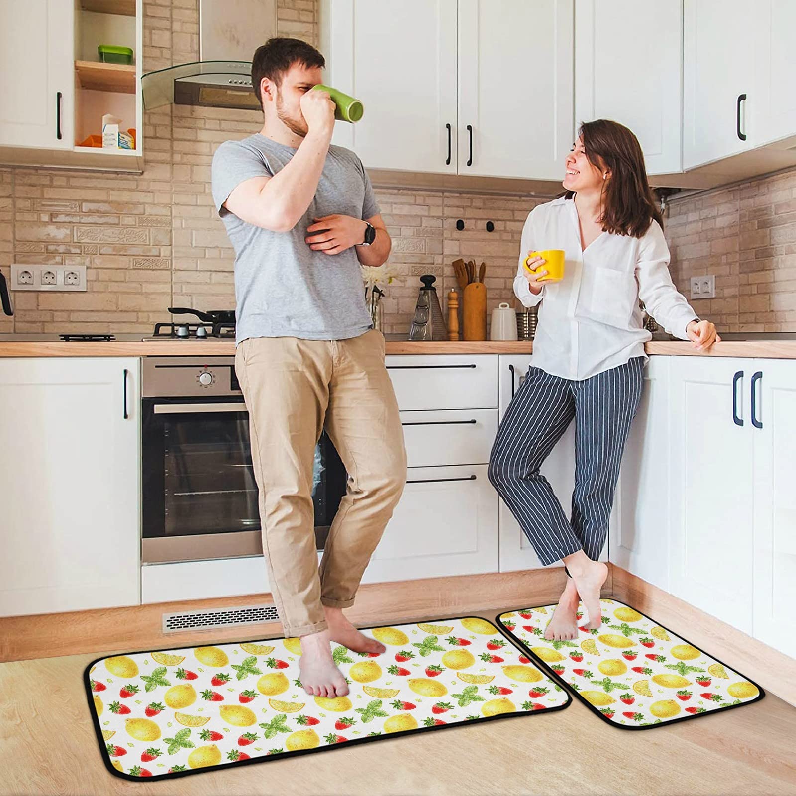 Strawberry Lemon Mint Kitchen Mats and Rugs, Summer Kitchen Floor Runner Bathroom Carpet Doormat Washable Rug 19.7x27.6 Inch + 19.7x47.2 Inch Perfect for Living Room Bedroom Entryway