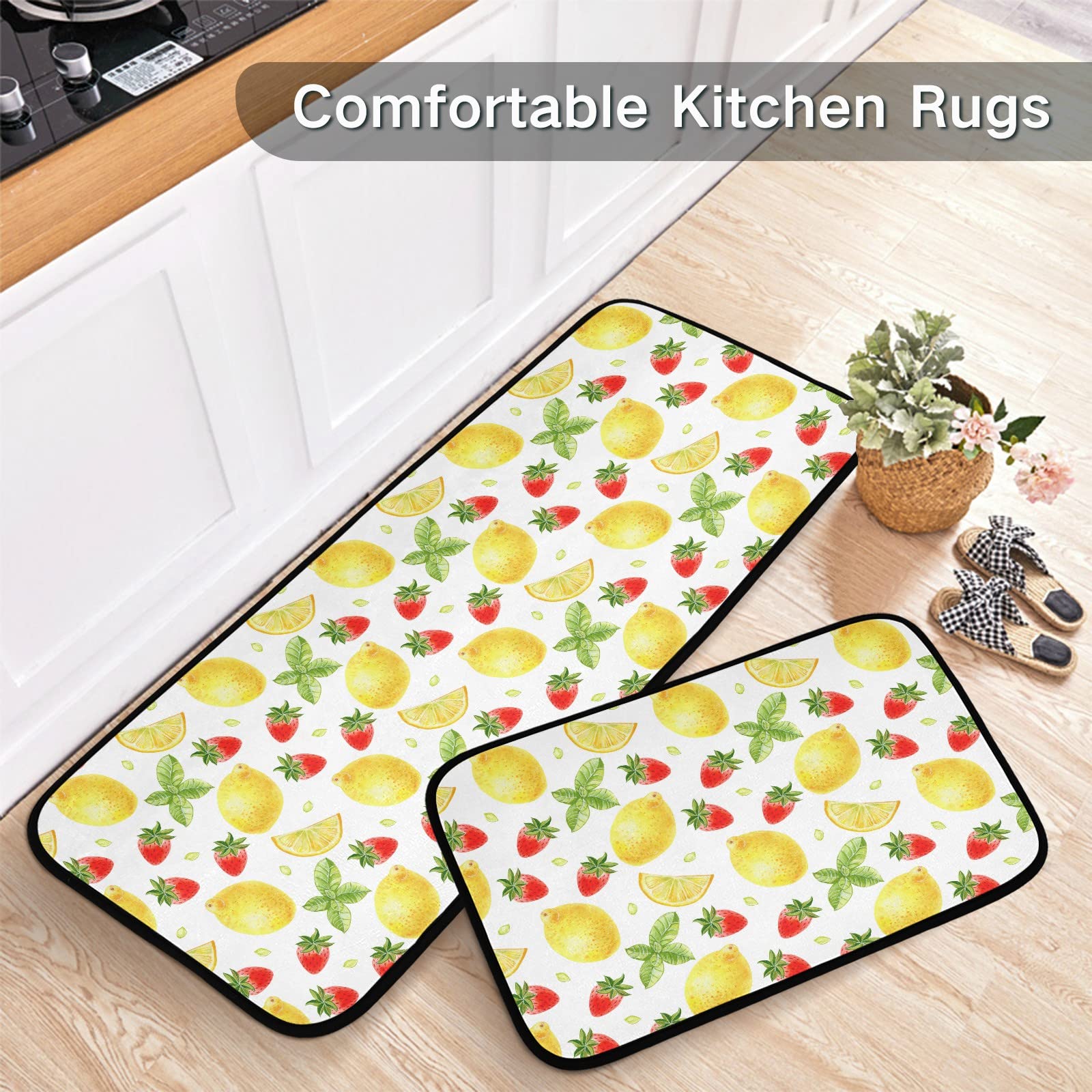 Strawberry Lemon Mint Kitchen Mats and Rugs, Summer Kitchen Floor Runner Bathroom Carpet Doormat Washable Rug 19.7x27.6 Inch + 19.7x47.2 Inch Perfect for Living Room Bedroom Entryway