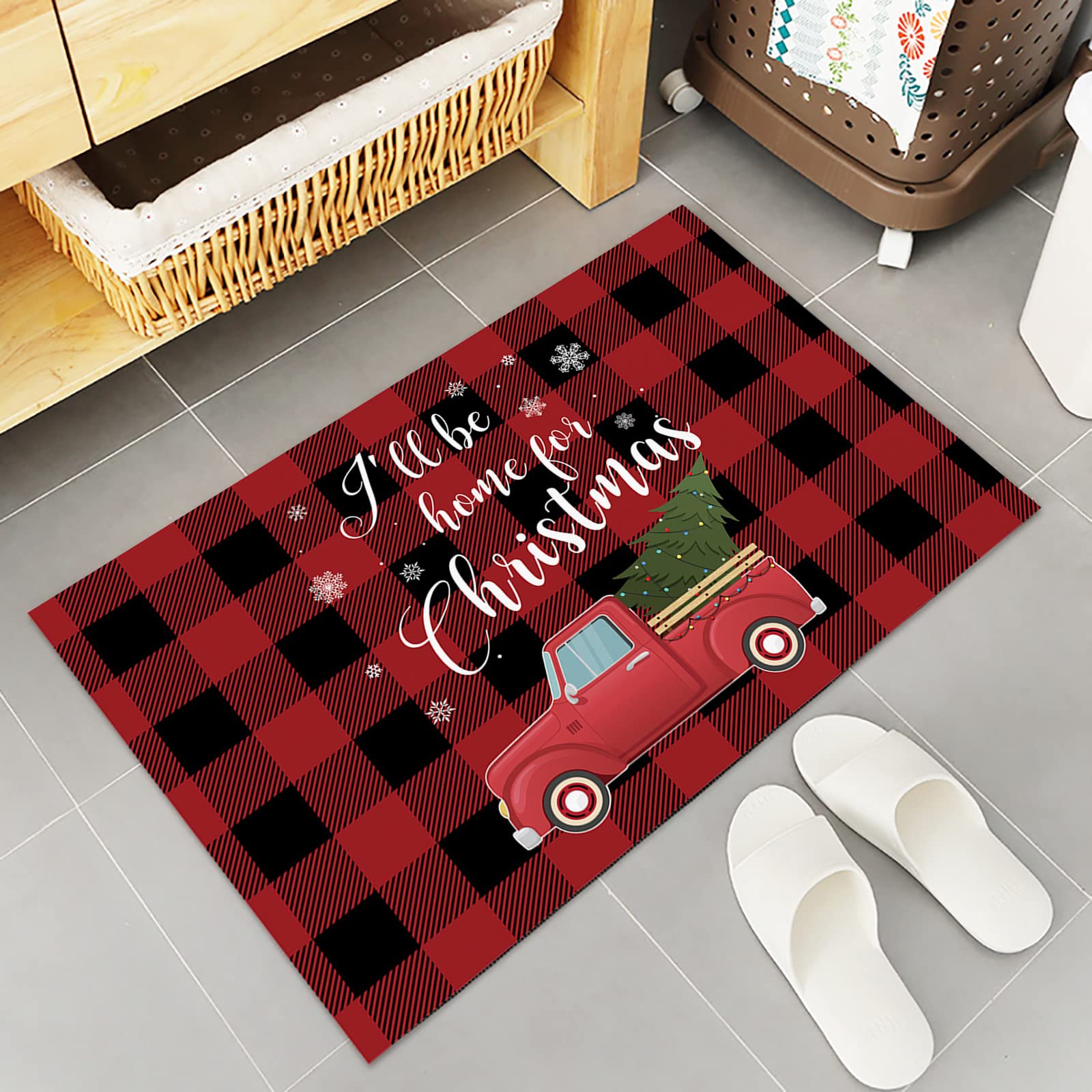 Christmas Kitchen Rugs and Mats Set of 2 I'll Be Home for Christmas Red and Black Buffalo Plaid Anti Fatigue Floor Mat Area Runner Rug for Kitchen Sink Living Room Bedroom 16"x24"+16"x47"