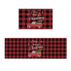 Christmas Kitchen Rugs and Mats Set of 2 I'll Be Home for Christmas Red and Black Buffalo Plaid Anti Fatigue Floor Mat Area Runner Rug for Kitchen Sink Living Room Bedroom 16"x24"+16"x47"